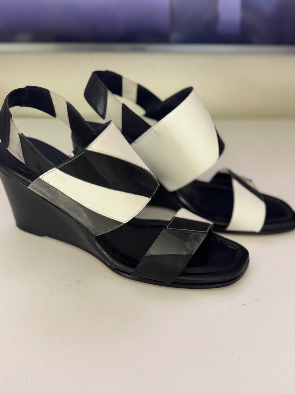 Donald J. Pliner Black and White Patent Leather Wedge Sandals